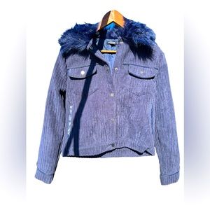 Corduroy Jacket with faux fur collar and faux leather trim.